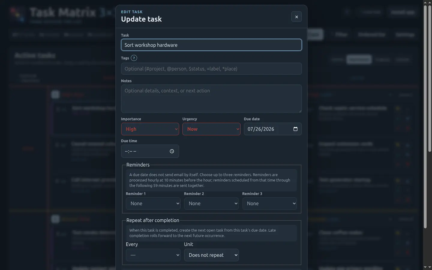 The task editor: task title, tags, notes, importance and urgency, due date and time, three reminder lead times, and a repeat-after-completion rule.