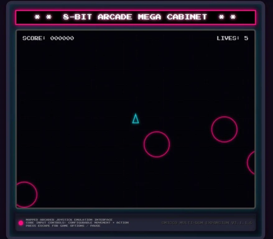 Asteroid Command: pink outlined asteroids of several sizes drifting around a cyan ship.