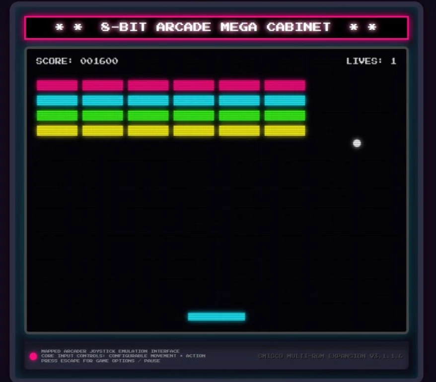 Neon Breakout: four rows of coloured bricks with two columns cleared, ball in play.