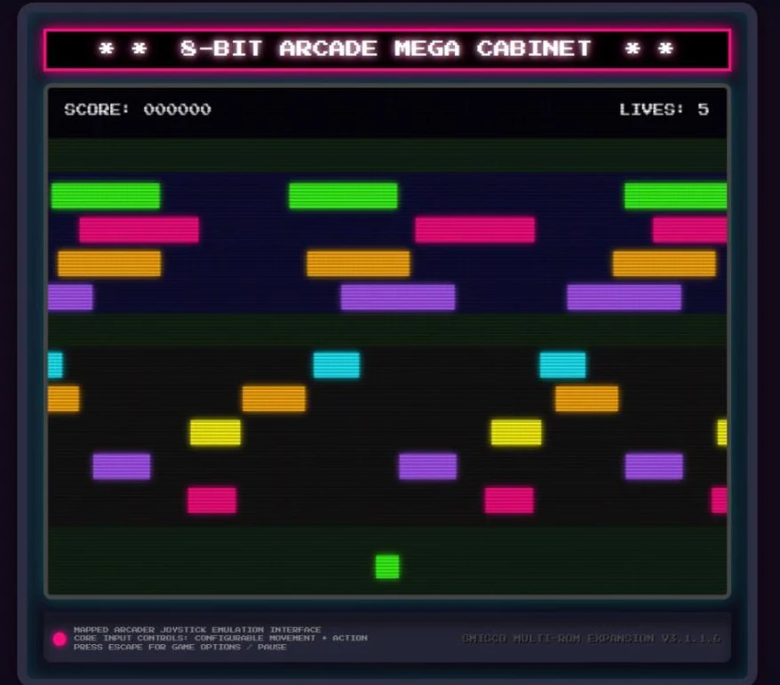 Neon Frogger: rows of coloured traffic and floating logs between green banks.