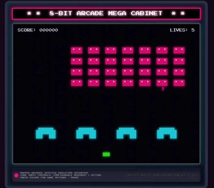 Space Invaders: a grid of pink invaders above four cyan bunkers and a green ship.