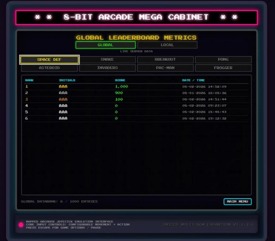 Global leaderboard: a tab per game over a ranked table of initials, scores and timestamps.