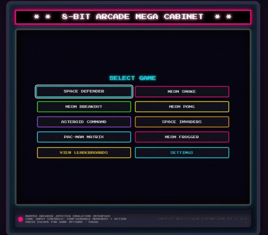 The cabinet's main menu: a neon marquee reading 8-BIT ARCADE MEGA CABINET above a grid of eight game buttons, each outlined in its own colour.