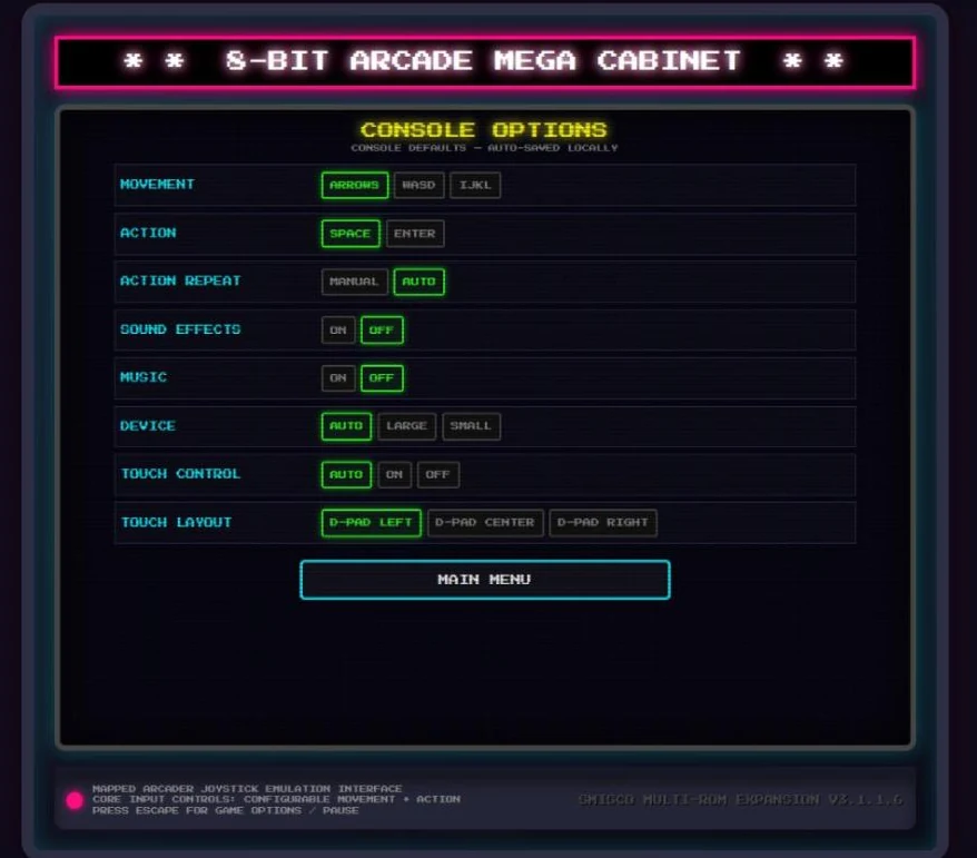 Console Options: rows for movement, action, action repeat, sound effects, music, device, touch control and touch layout.