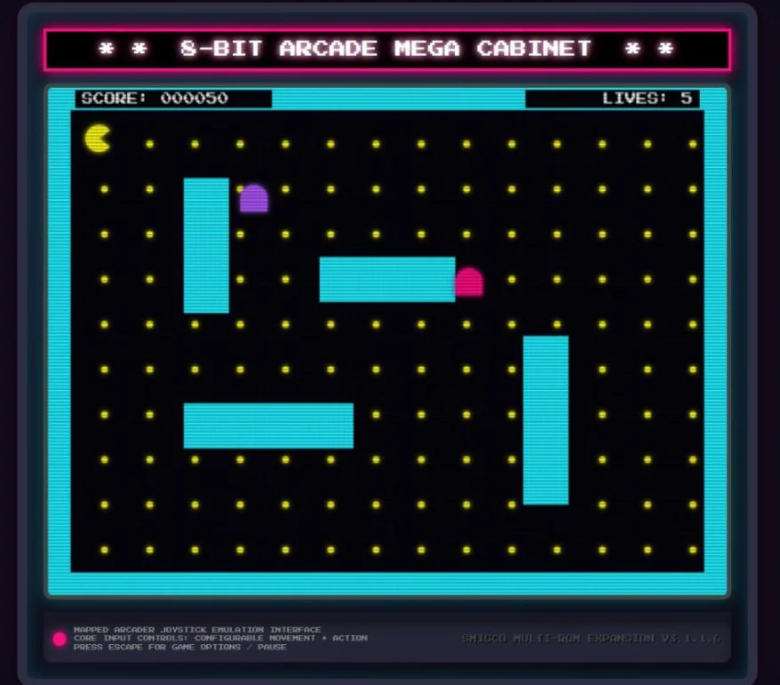 Pac-Man Matrix: a cyan maze filled with yellow dots, a purple and a pink ghost closing in.