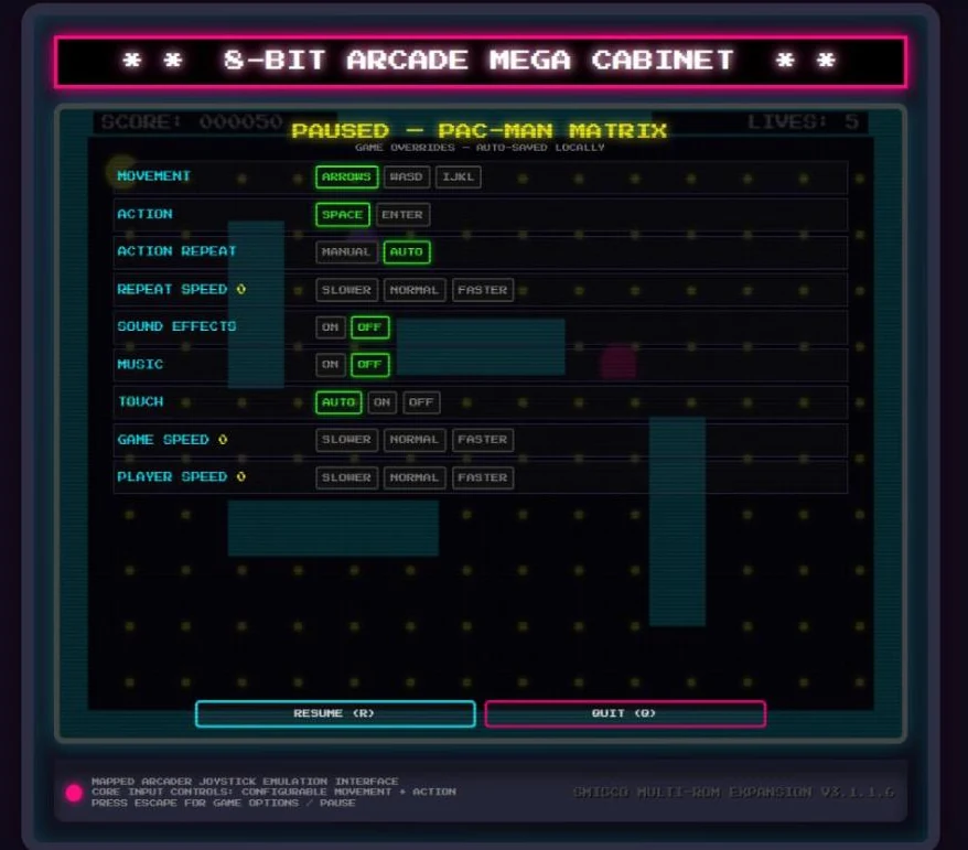 The pause overlay for Pac-Man Matrix, showing per-game overrides above resume and quit buttons.