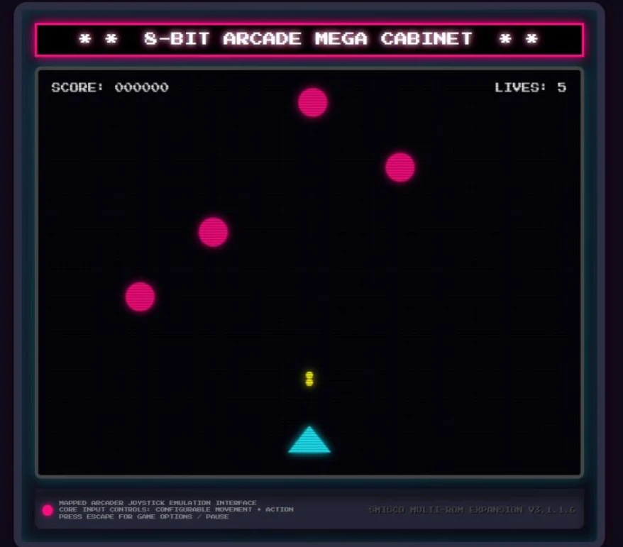 Space Defender: four pink enemies descending on a cyan ship, a shot in flight.
