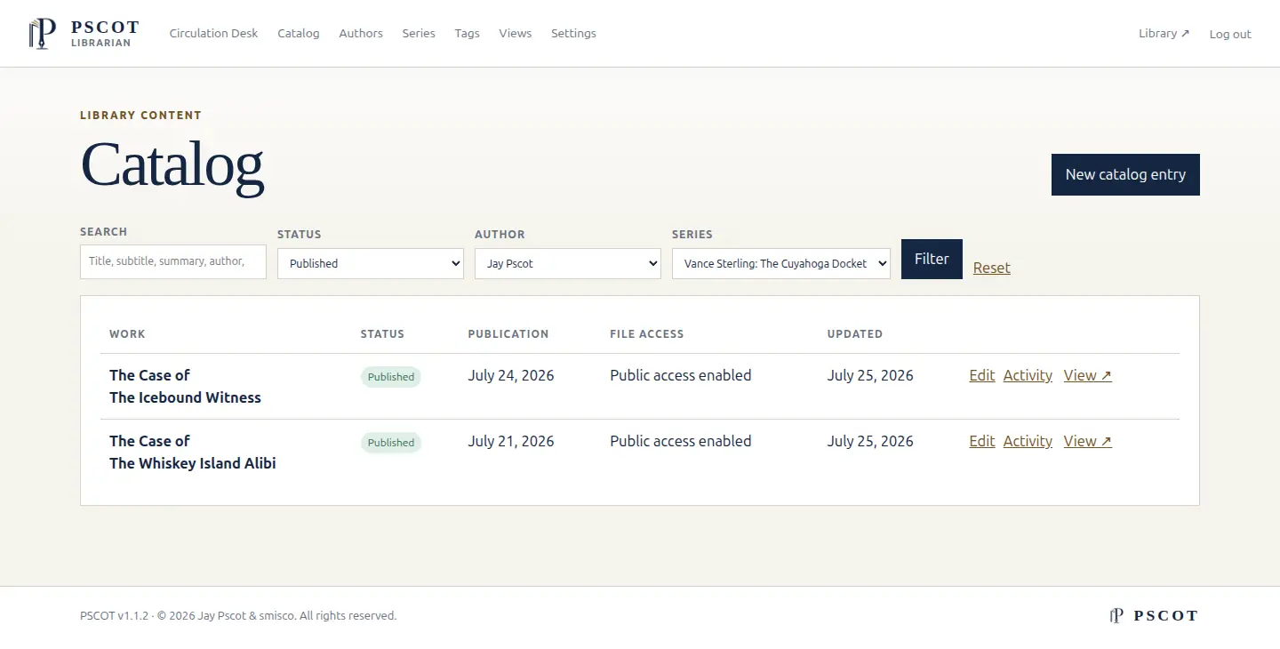 The catalog list filtered by status, author, and series