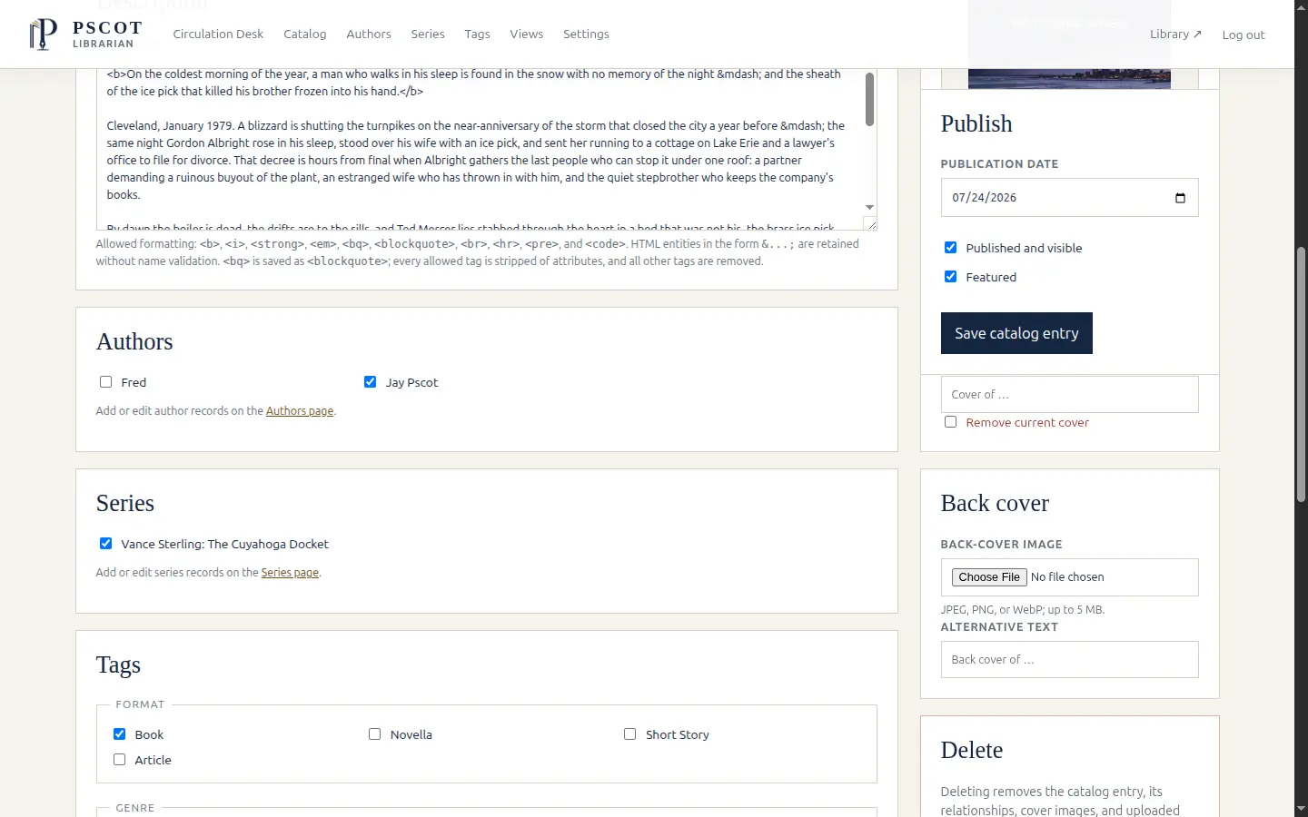 A catalog entry's description summary with its allowed-formatting rules, above the author and series assignments
