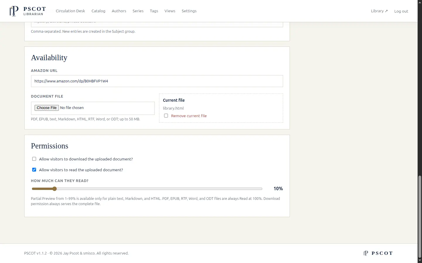 Availability, document upload, and per-work read, preview-percentage, and download permissions