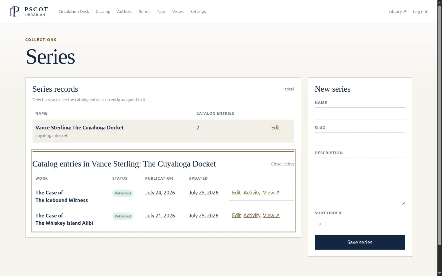 The Series manager with a series row selected, listing the catalog entries assigned to it
