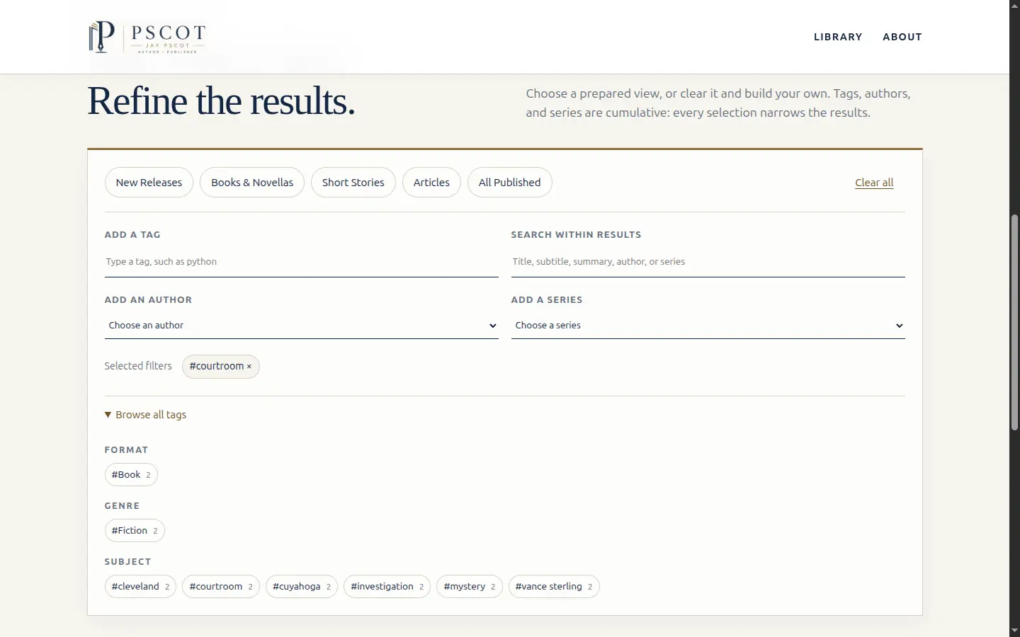 A selected tag narrowing results, with the grouped tag directory open