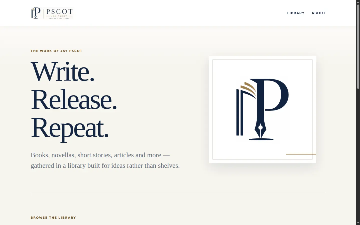 The library at pscot.com — the public face of the app, with prepared views and tag filters over a catalog of works