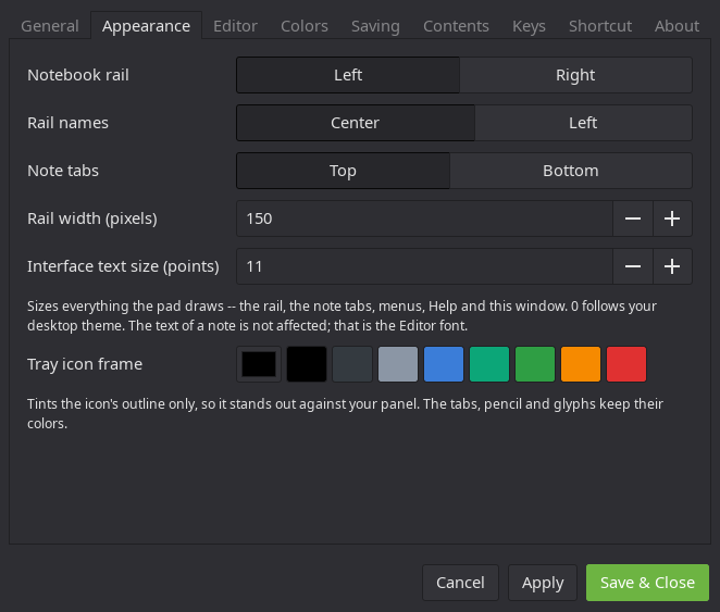 The Linux Note Pad preferences window on the Appearance tab: notebook rail left or right, rail names centered or left, note tabs top or bottom, rail width, interface text size, and a row of tray icon frame colors.
