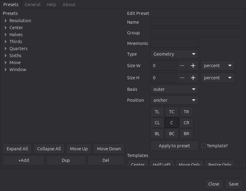 The lws configuration dialog on the Presets tab: a collapsible tree of preset groups on the left, and an editor on the right with name, group, mnemonic, type, size, basis, and a nine-anchor position grid.